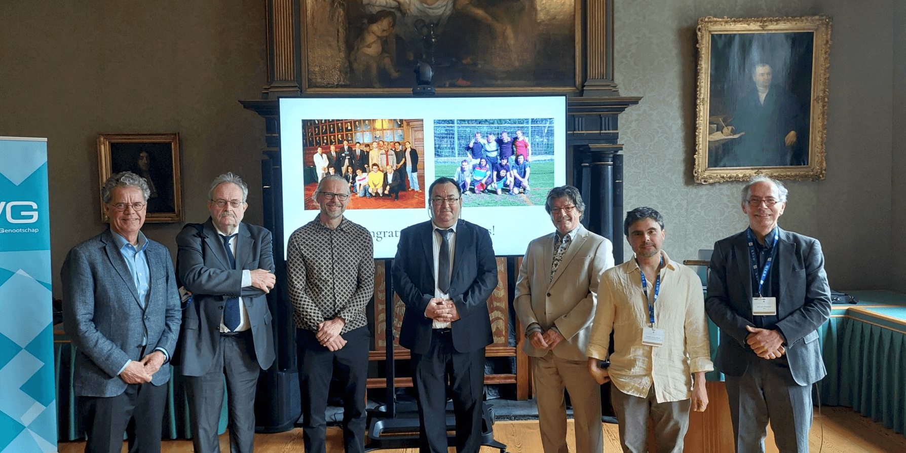 From left to right: Isak (Ieke) Moerdijk (former promoter), Frank den Hollander (Chairman of the Dutch Mathematics Prize jury), Remco van der Hofstad (Chairman of the Mathematics section, KNAW), Marius Crainic, Richard Boucherie (President of the PWN), Camilo Arias Abad (former PhD candidate), Jan van Neerven (President of the KWG).